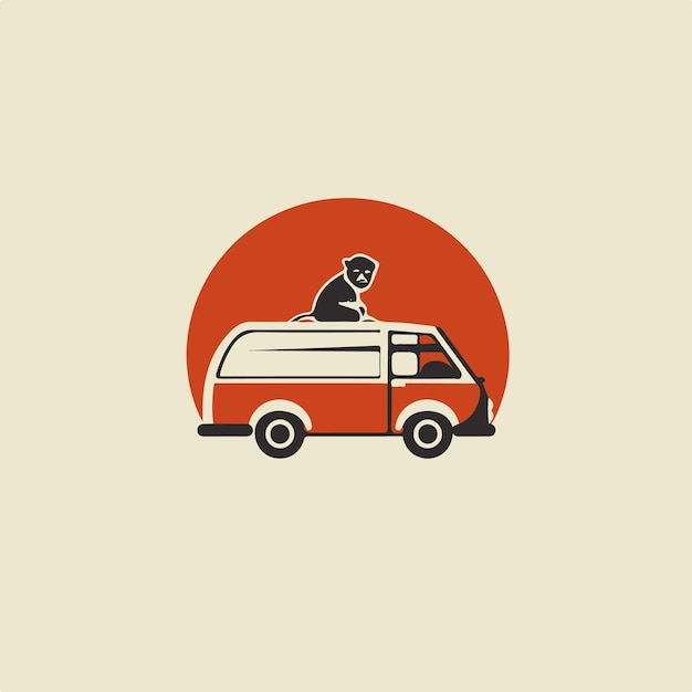 a minimalist logo of a camper van with a cute small monkey sitted in the top