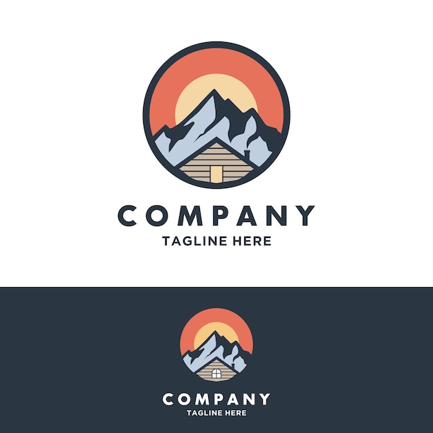 Vector minimalist logo design template for house or cabin rental with mountain home logo construction