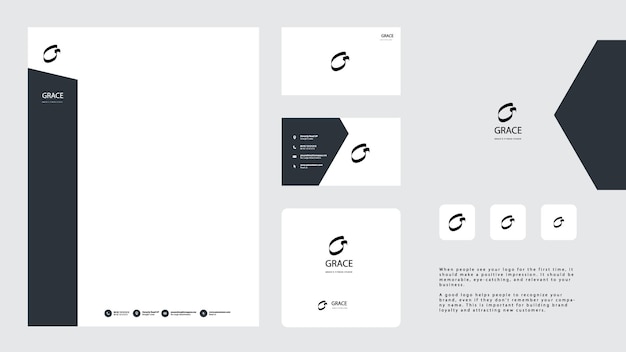 벡터 브랜딩 비즈니스 이름 아이디어 및 편지지가 포함된 미니멀리스트 로고 디자인 템플릿