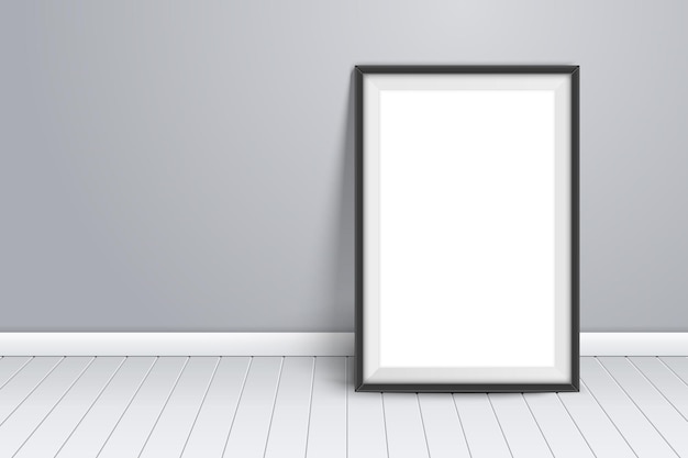 Vector minimalist mockup template on wall black picture frame stand on wooden floor in room