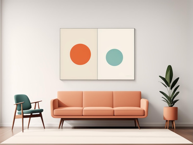 Vector minimalist modern living room an abstract art sanctuary amidst coral colored comfortables and t