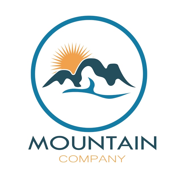 モダンなコンセプトのベクトルイラストが満載のフラットカラーのミニマリストの山と太陽のロゴデザイン
