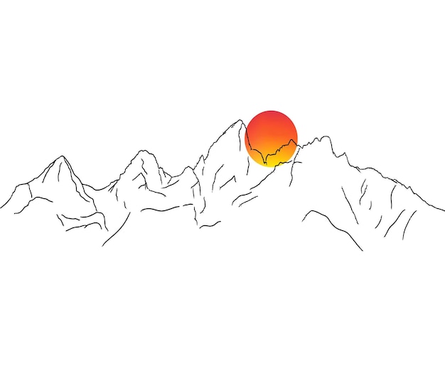 シンプルな山の線画、夕日の描画、シンプルなアウトライン スケッチ、自然の風景、ベクター デザイン