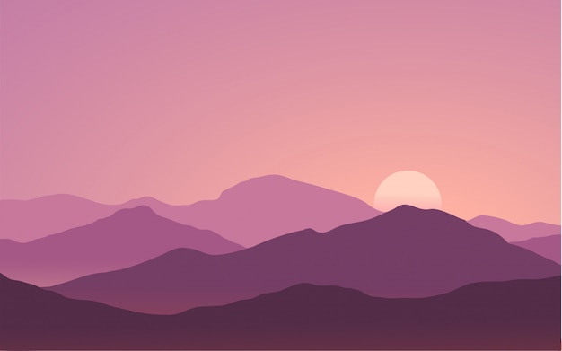 Vector minimalist mountain range landscape sunset