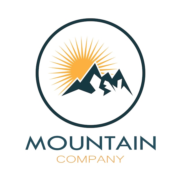 モダンなコンセプトのベクトルイラストが満載のフラットカラーのミニマリストの山と太陽のロゴデザイン