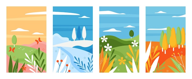 Insieme dell'illustrazione di vettore di stagione della natura minimalista. collezione paesaggio naturale astratto, estate, inverno, primavera, autunno