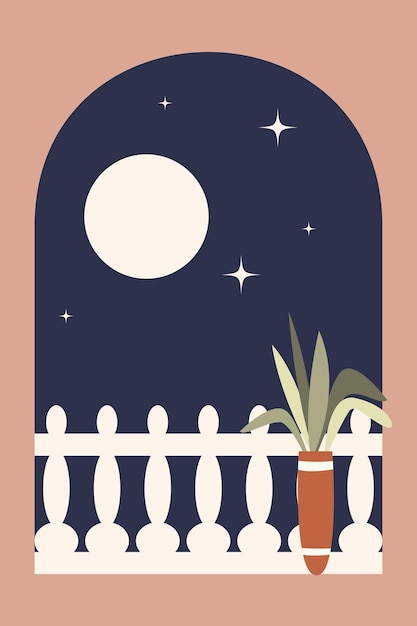 Vector minimalist night view from the balcony through the archway modern vector illustration bohemian style