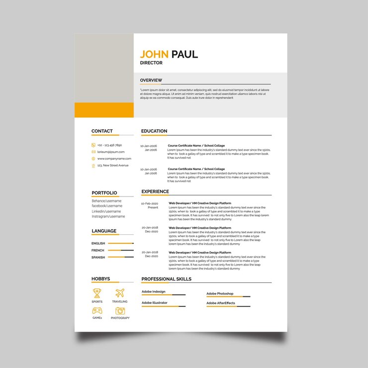 Minimalist orange color cv template Free Vector