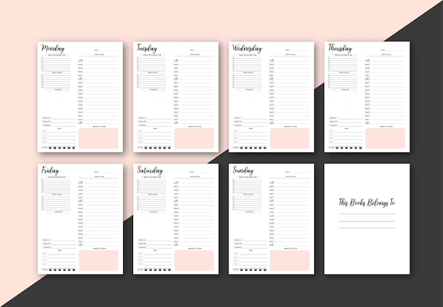 Minimalist planner pages templates. Organizer page, diary and daily control book. Life planners, weekly and days organizers or office schedule list. Graphic organization paper vector set