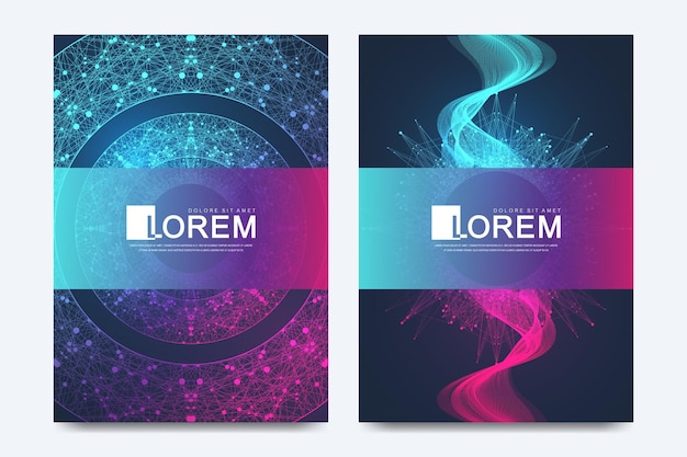 Minimalist posters set with fractal gradient shapes blockchain technology concept big data visualiza