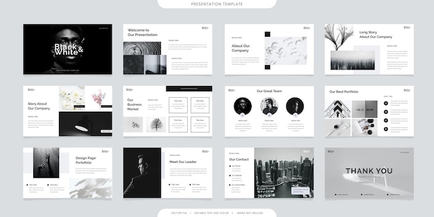 ミニマリストのプレゼンテーションテンプレートまたは企業の小冊子。チラシやリーフレット、マーケティングバナー、広告パンフレット、年次報告書、またはwebサイトのスライダーで使用します。黒と白の色会社プロフィールベクトル
