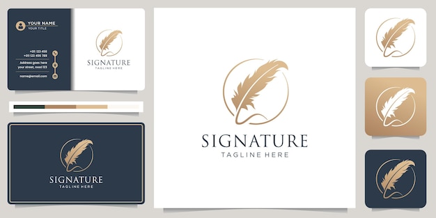 Minimalist quill feather pen signature handwriting circle frame logo and business card design.