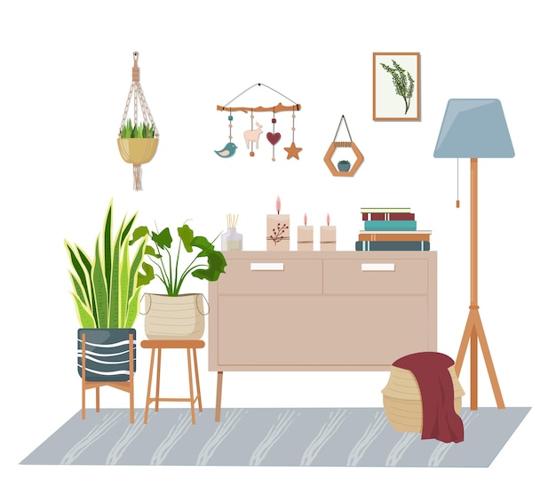 minimalist scandinavian-style interior with a shelf, plants, carpet, candles and a lamp.