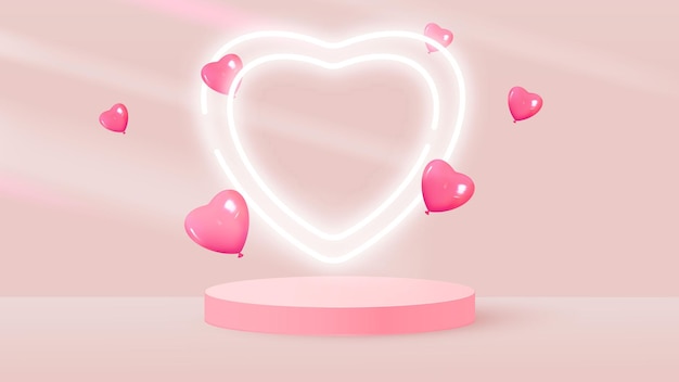 Scena minimalista con podio cilindrico rosa e palloncini volanti a forma di cuore. palco per dimostrazione prodotto, vetrina. vettore