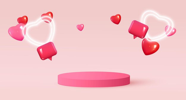 Scena minimalista con podio cilindrico rosa e palloncini volanti a forma di cuore. palco per dimostrazione prodotto, vetrina. vettore