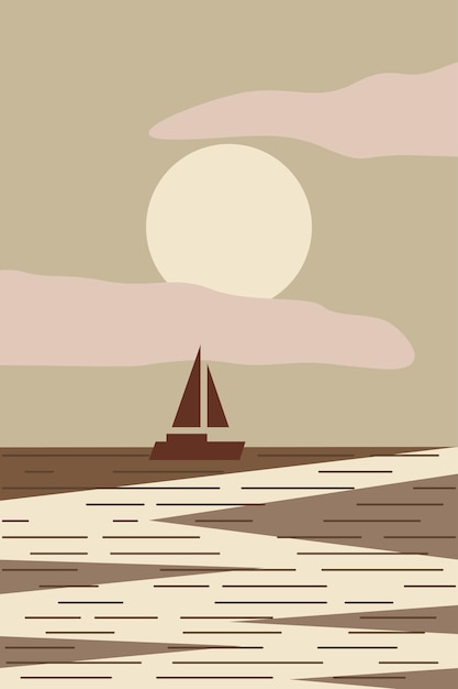 Vista sul mare minimalista con la barca al tramonto illustrazione piana moderna astratta di vettore