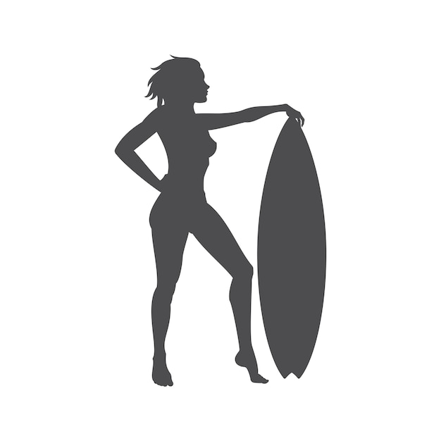 Vector minimalist silhouette naked sexy woman slim body standing with surf board vector illustration