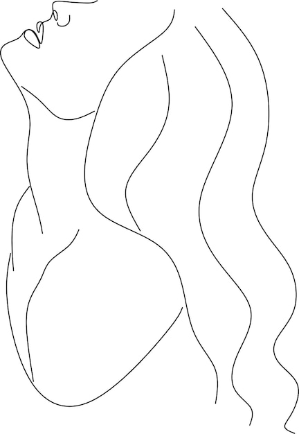 ベクトル 長い巻き毛を持つ女性のシンプルなシルエット 白黒 白背景 線画