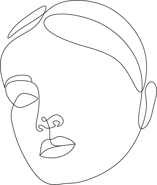 長い巻き毛を持つ女性のシンプルなシルエット 白黒 白背景 線画