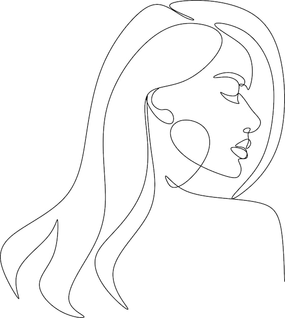 Minimalist silhouette of woman with long curly hair Black and white White background Line drawing