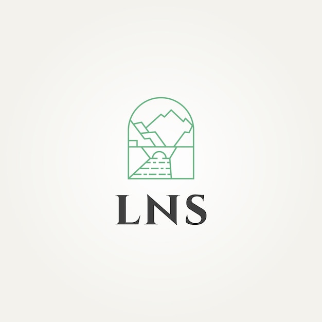 미니멀리스트 간단한 현대 풍경 강 다리와 산 라인 아트 배지 상징 로고 템플릿 벡터 일러스트 디자인
