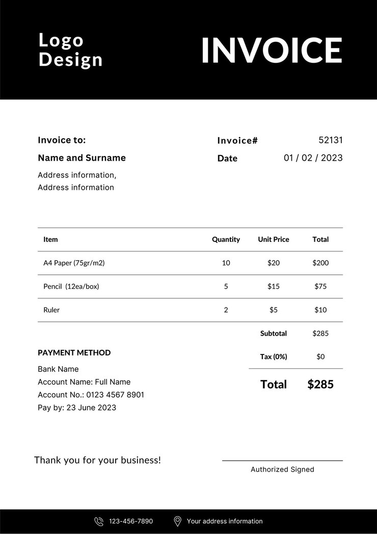 Vector minimalist simple professional business invoice template design