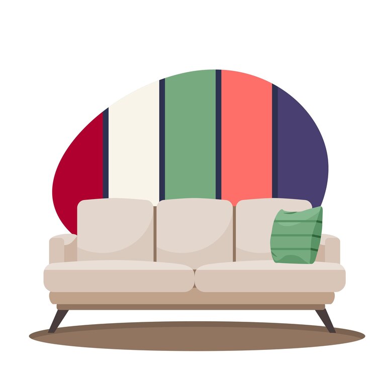 Vector minimalist sofa with green cushion and striped oval background