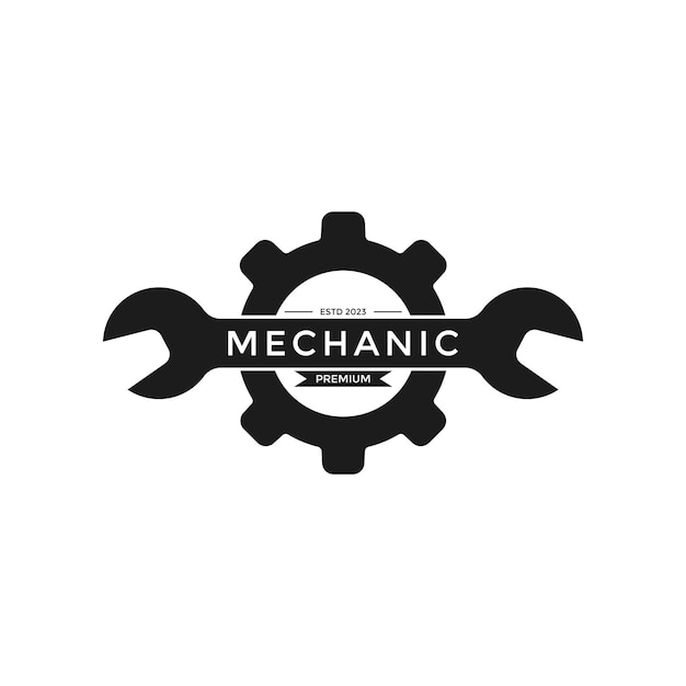 Минималистский гаечный ключ с логотипом Gear Engineering Mechanical Tools Design Vector Illustration Vintage of Automotive Garage Concept