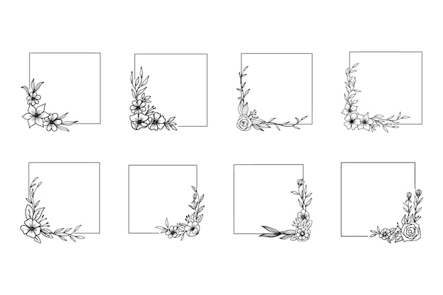 손으로 그린 잎과 꽃으로 미니멀한 사각형 꽃 프레임