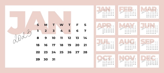 Minimalist style monthly calendar template for 2023 year. English calendar. Week starts on Sunday.