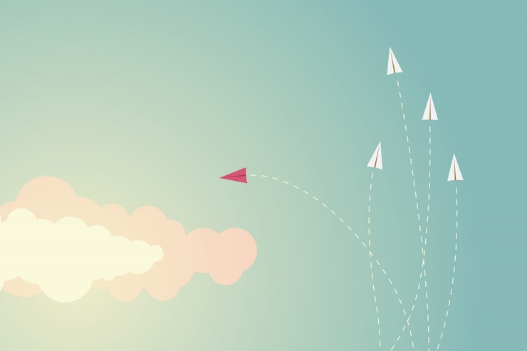 Vector minimalist style red airplane changing direction and ones. 