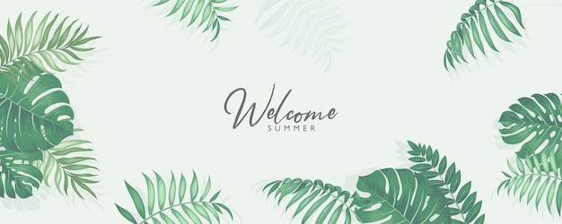 Design minimalista banner estivo con tema foglie tropicali