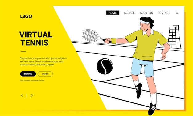 Uomo minimalista dell'illustrazione del sito web di banner di tennis che gioca a tennis sul campo indossando abiti sportivi