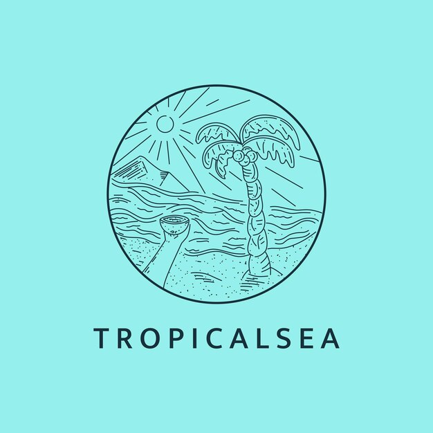 Minimalist tropical sea logo line art illustration freshness of coconut with beautiful beach views