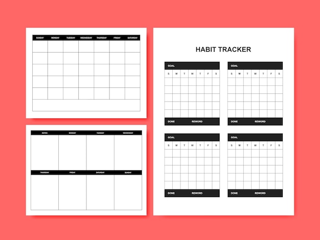 Modelli di pagine di pianificatore personale minimalisti senza data. piano mensile, piano settimanale, tracker delle abitudini. vettore