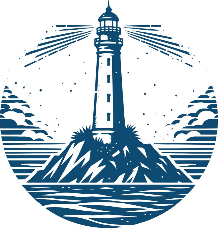 A minimalist vector illustration of a lighthouse standing on a rocky outcrop surrounded by the sea depicted in a monochromatic
