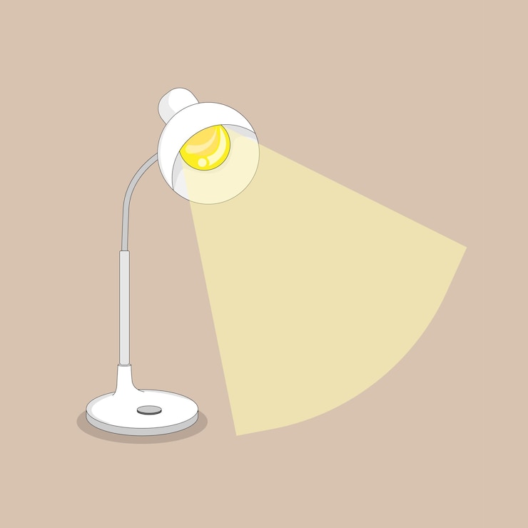 Vector minimalist vector illustration of a white desk lamp glowing warmly on a beige background