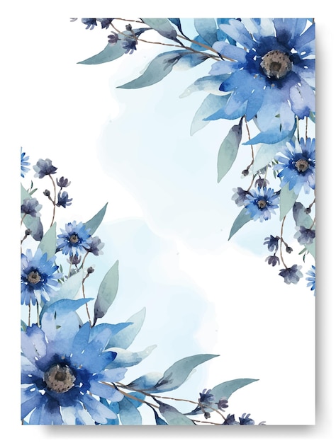 Minimalist wedding card template with blue aster watercolor