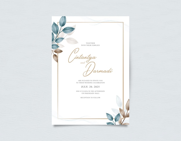 Minimalist wedding card template with leaves watercolor