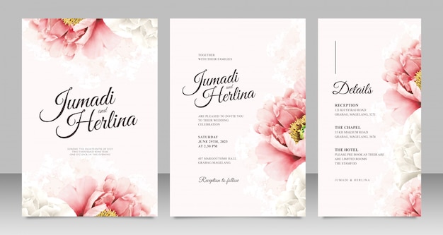 Vector minimalist wedding card template with realistic peonies