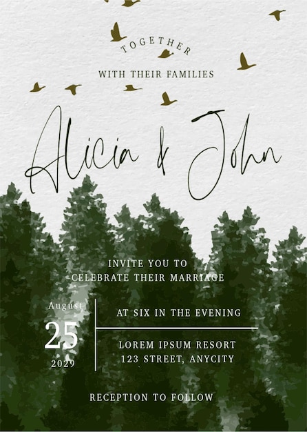 Vector minimalist wedding invitation card natural green forest and birds flying free