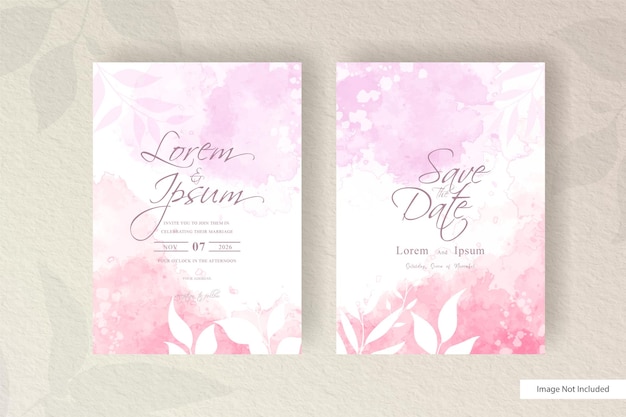 Vector minimalist wedding invitation card set template with simple floral arrangement and hand painted liquid watercolor