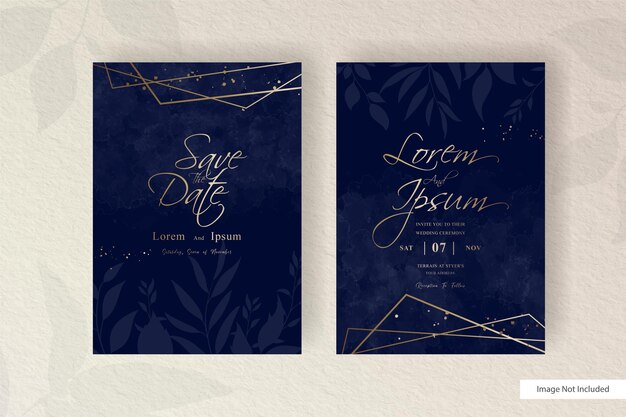 Minimalist wedding invitation card set template with simple floral arrangement and hand painted liquid watercolor