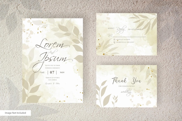 Minimalist wedding invitation card set template with simple floral arrangement and hand painted liquid watercolor