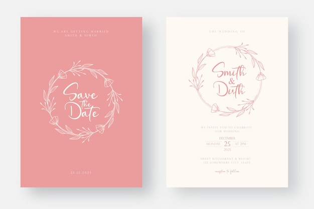 minimalist Wedding invitation card template design in line art style