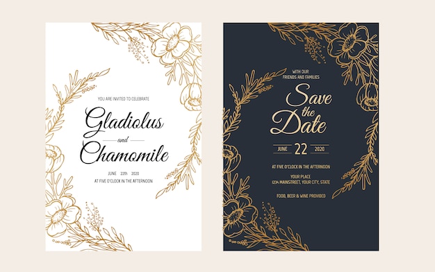 Vector minimalist wedding invitation card template design. template, frame with delicate flowers, branches, plants.