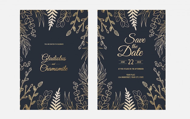 minimalist wedding invitation card template design. template, frame with delicate flowers, branches, plants.