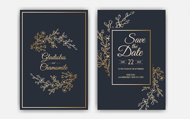 minimalist wedding invitation card template design. template, frame with delicate flowers, branches, plants.