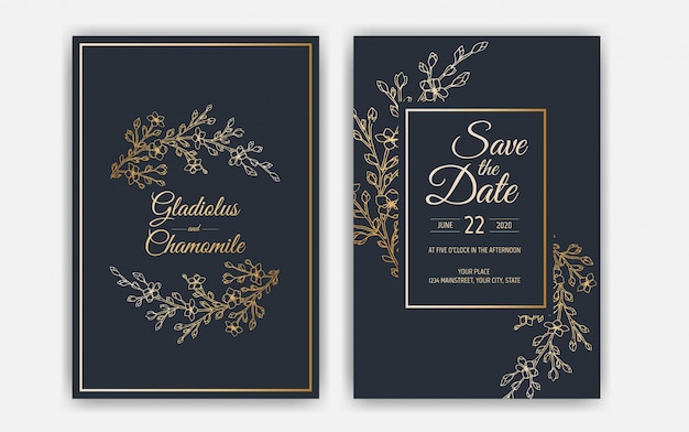 Vector minimalist wedding invitation card template design. template, frame with delicate flowers, branches, plants.