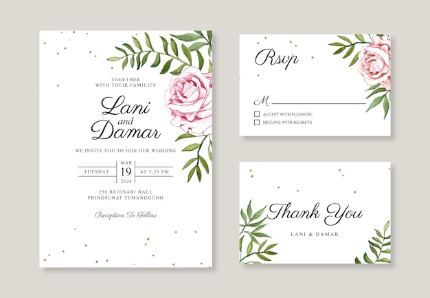 Vector minimalist wedding invitation card template with hand painting watercolor floral